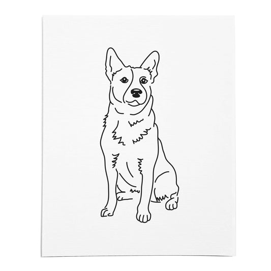 An art print of a line drawing of an Australian Cattle Dog on white linen paper