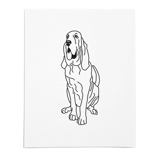 An art print featuring a line drawing of a Bloodhound dog on white linen paper