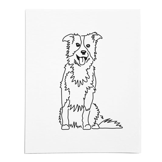 An art print featuring a line drawing of a Border Collie dog on white linen paper