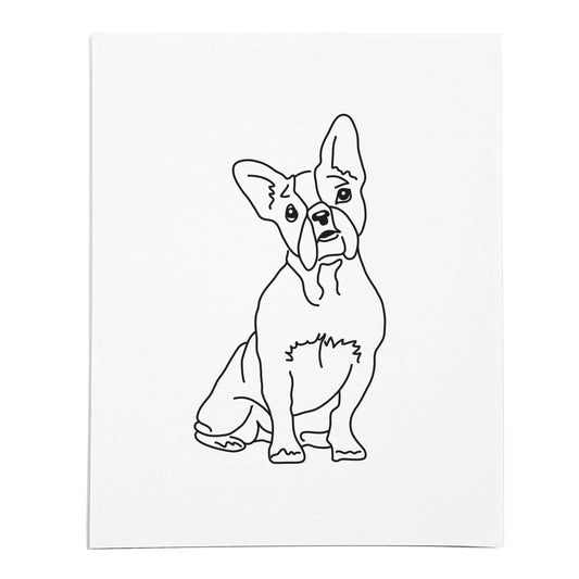 An art print featuring a line drawing of a Boston Terrier dog on white linen paper