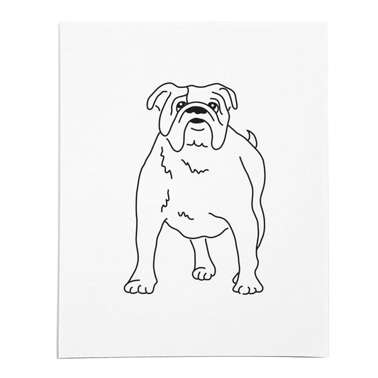 An art print featuring a line drawing of a Bulldog dog on white linen paper