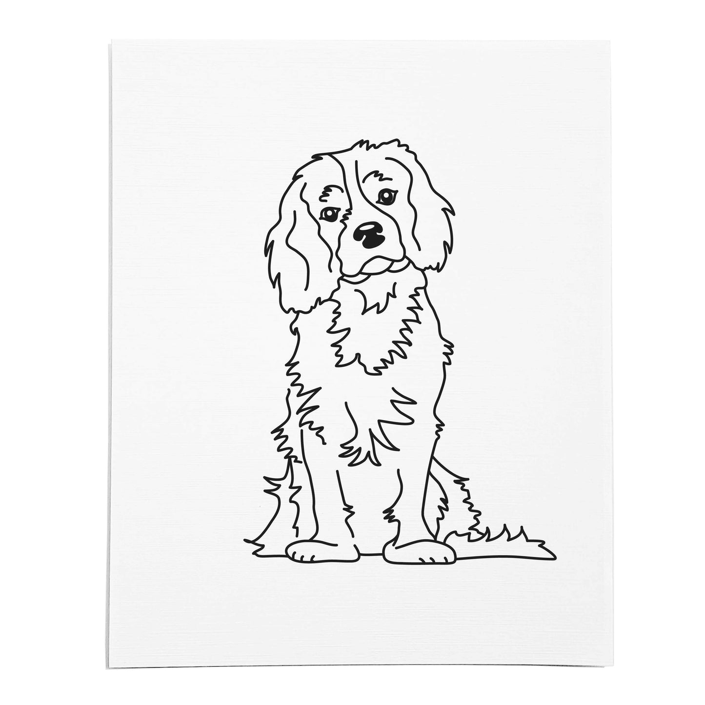 An art print featuring a line drawing of a Cavalier King Charles Spaniel dog on white linen paper