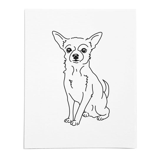 An art print featuring a line drawing of a Chihuahua dog on white linen paper
