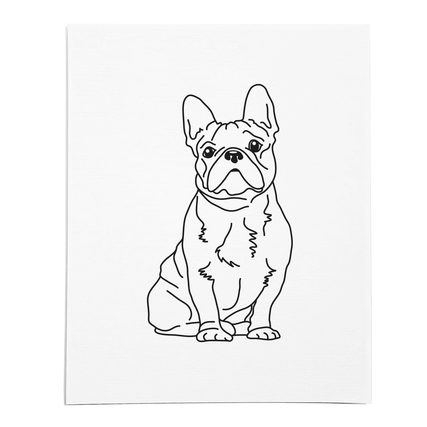 An art print featuring a line drawing of a French Bulldog on white linen paper