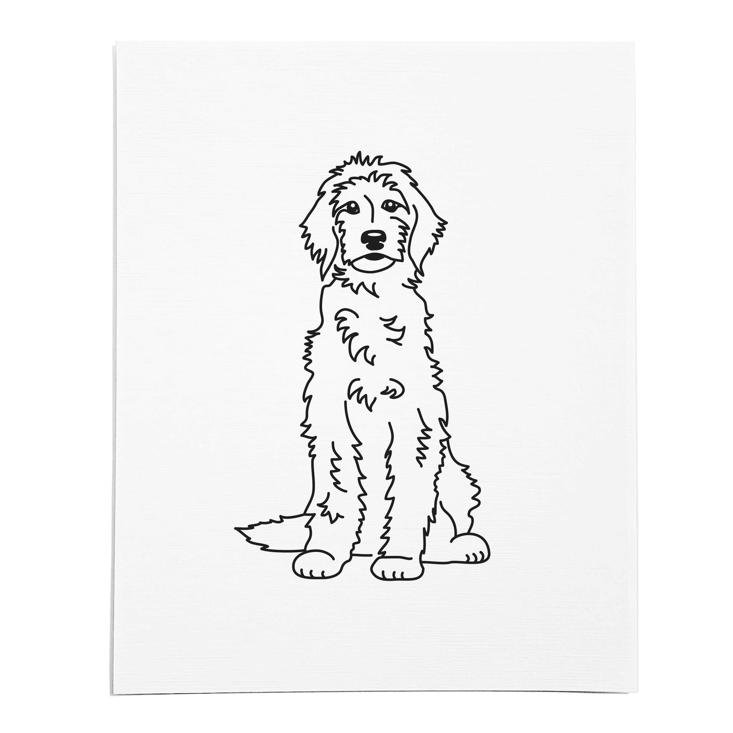 An art print featuring a line drawing of a Goldendoodle dog on white linen paper