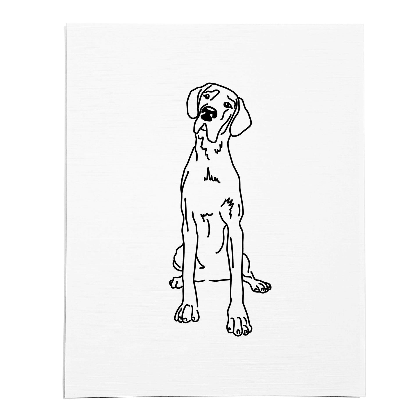 An art print featuring a line drawing of a Great Dane dog on white linen paper