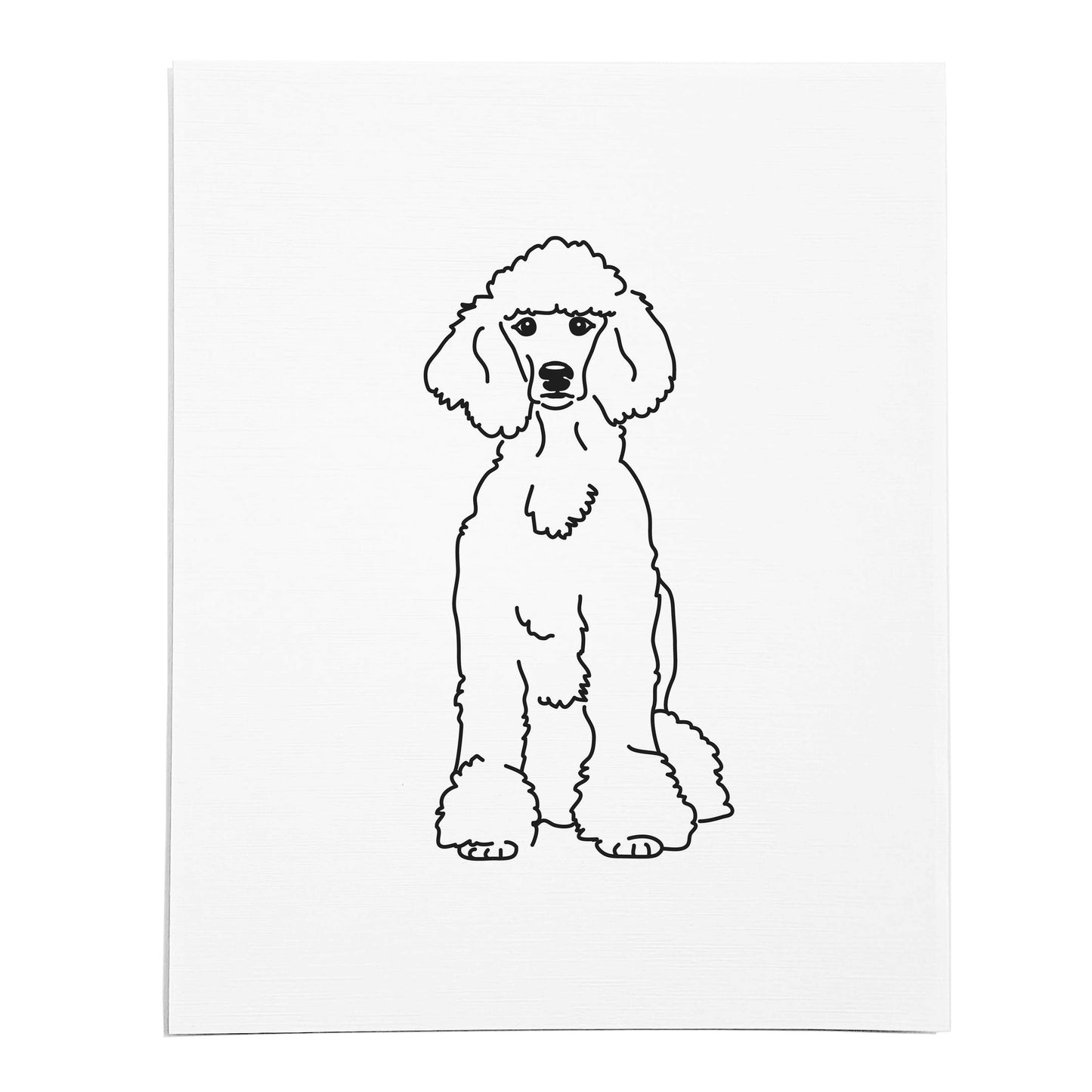 An art print featuring a line drawing of a Poodle dog on white linen paper
