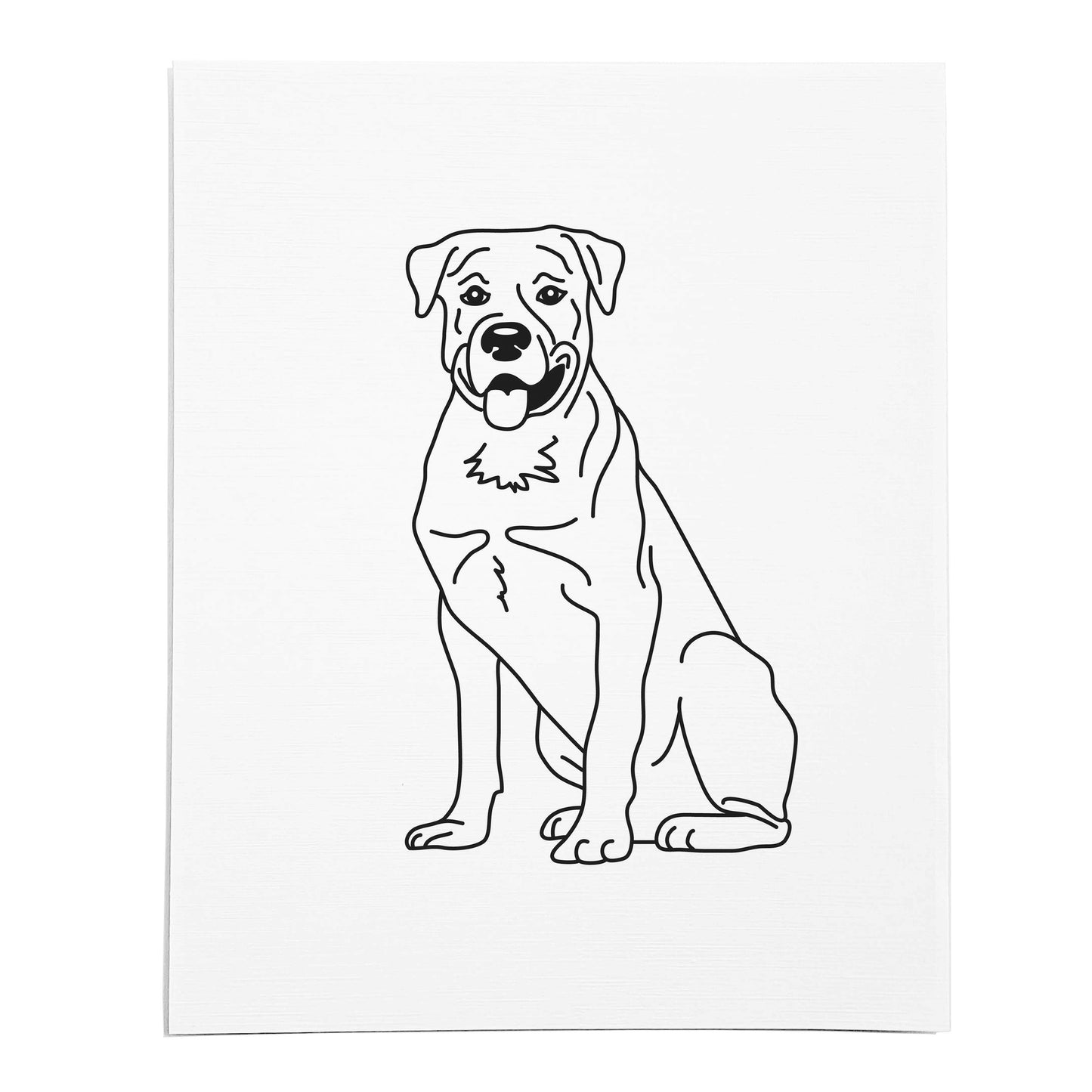 An art print featuring a line drawing of a Rottweiler dog on white linen paper
