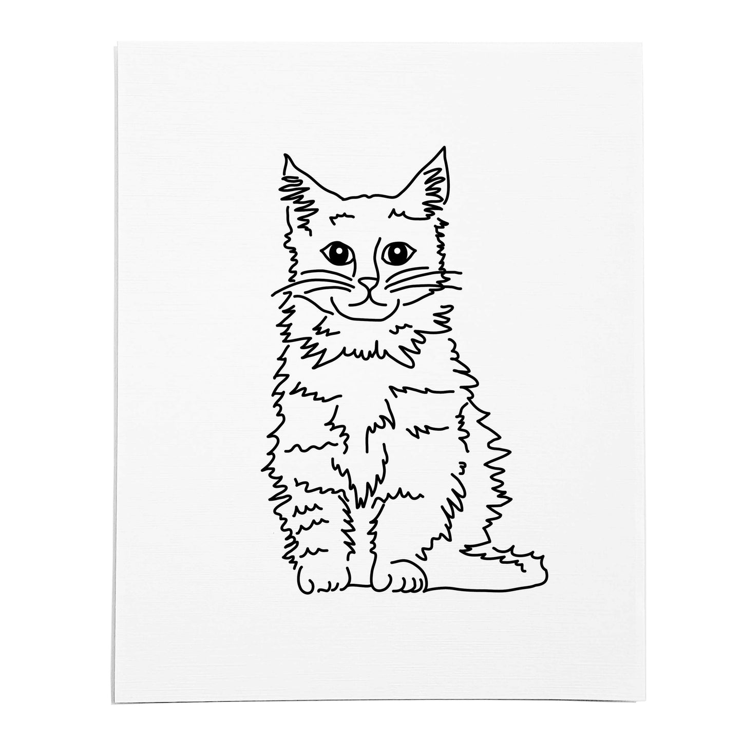 An art print featuring a line drawing of a Maine Coon cat on white linen paper