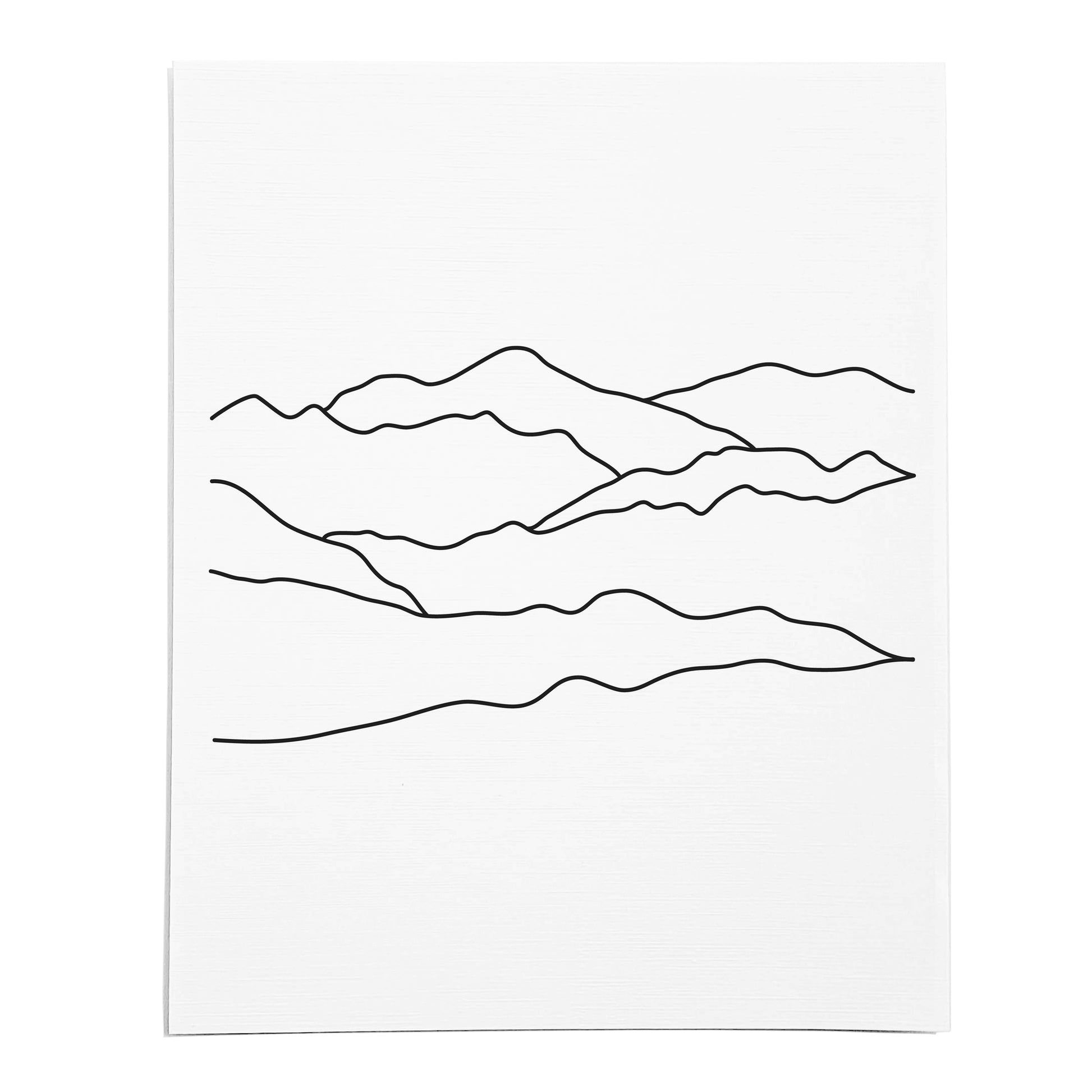 An art print featuring a line drawing of a Mountain Range on white linen paper