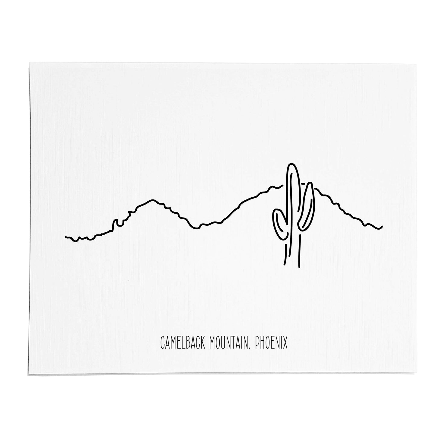 An art print featuring a line drawing of Camelback Mountain on white linen paper landscape orientation