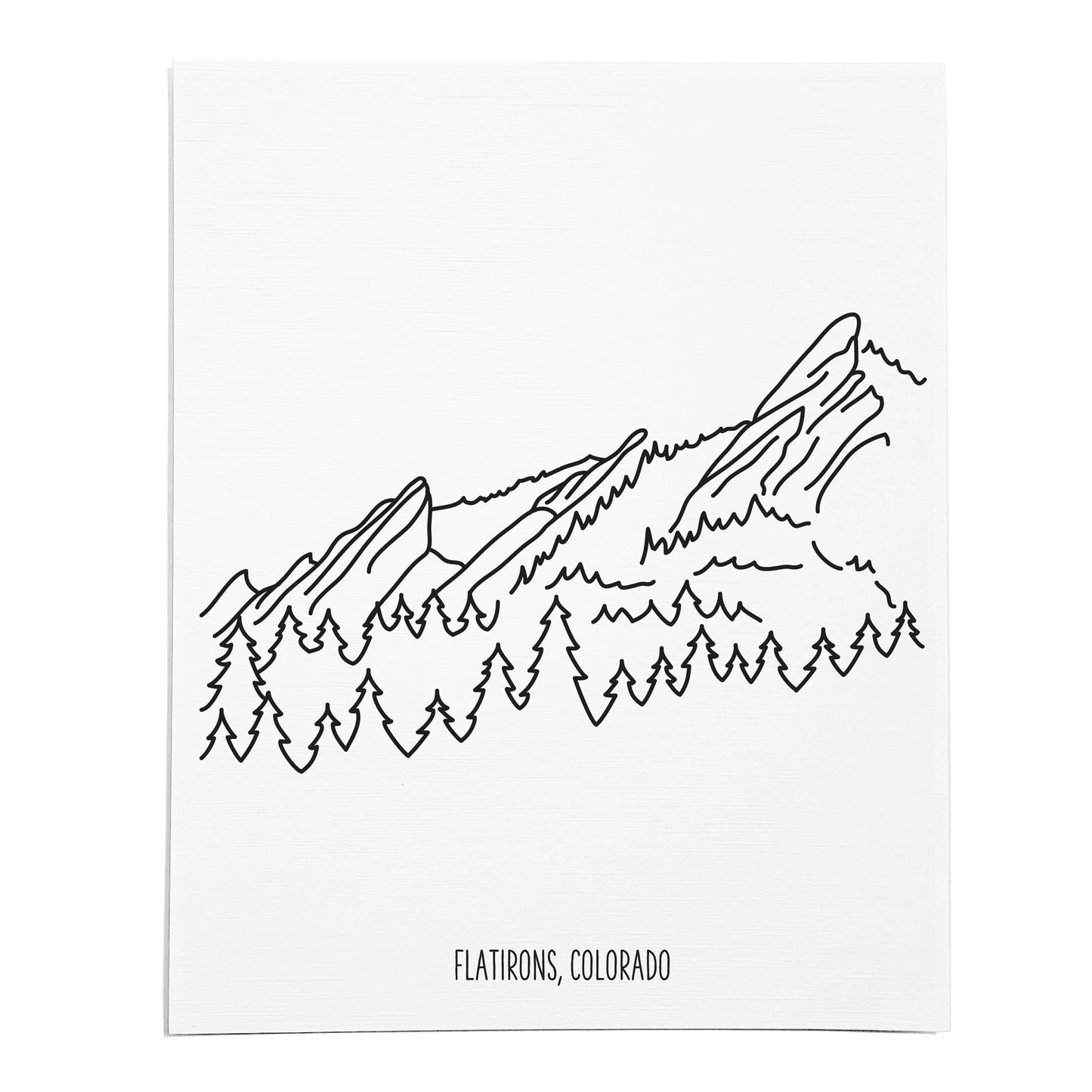 An art print featuring a line drawing of the Flatirons on white linen paper