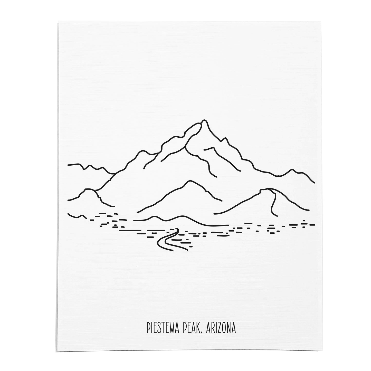 An art print featuring a line drawing of Piestewa Peak on white linen paper