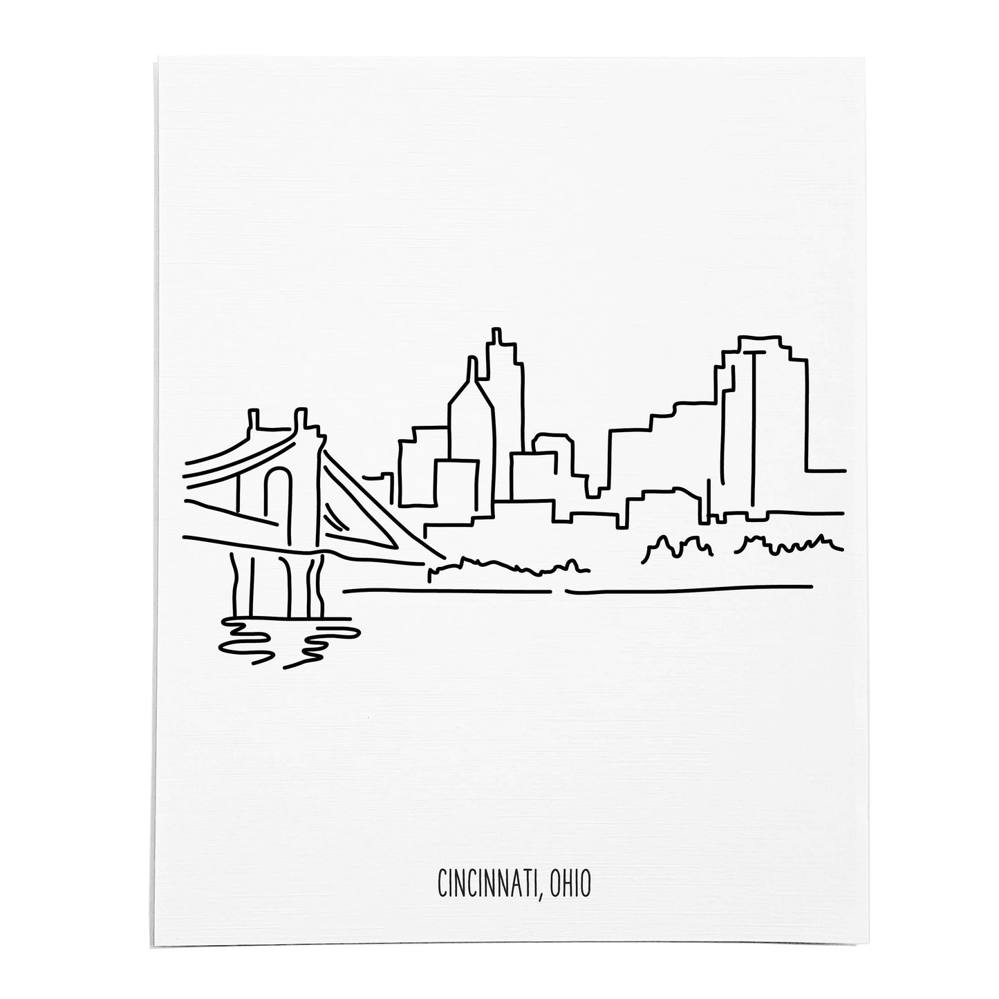 An art print featuring a line drawing of the Cincinnati Skyline on white linen paper
