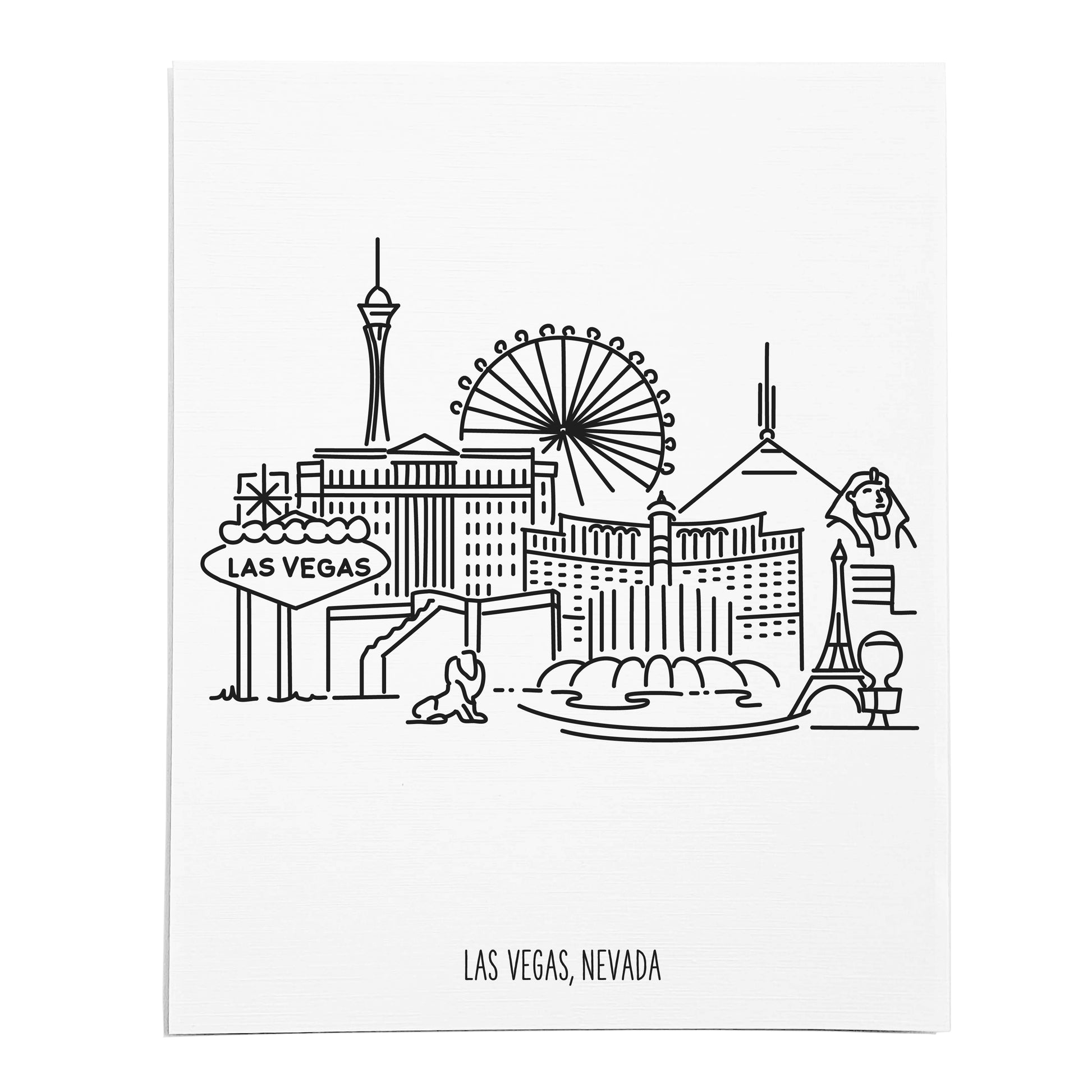 An art print featuring a line drawing of the Las Vegas Skyline on white linen paper