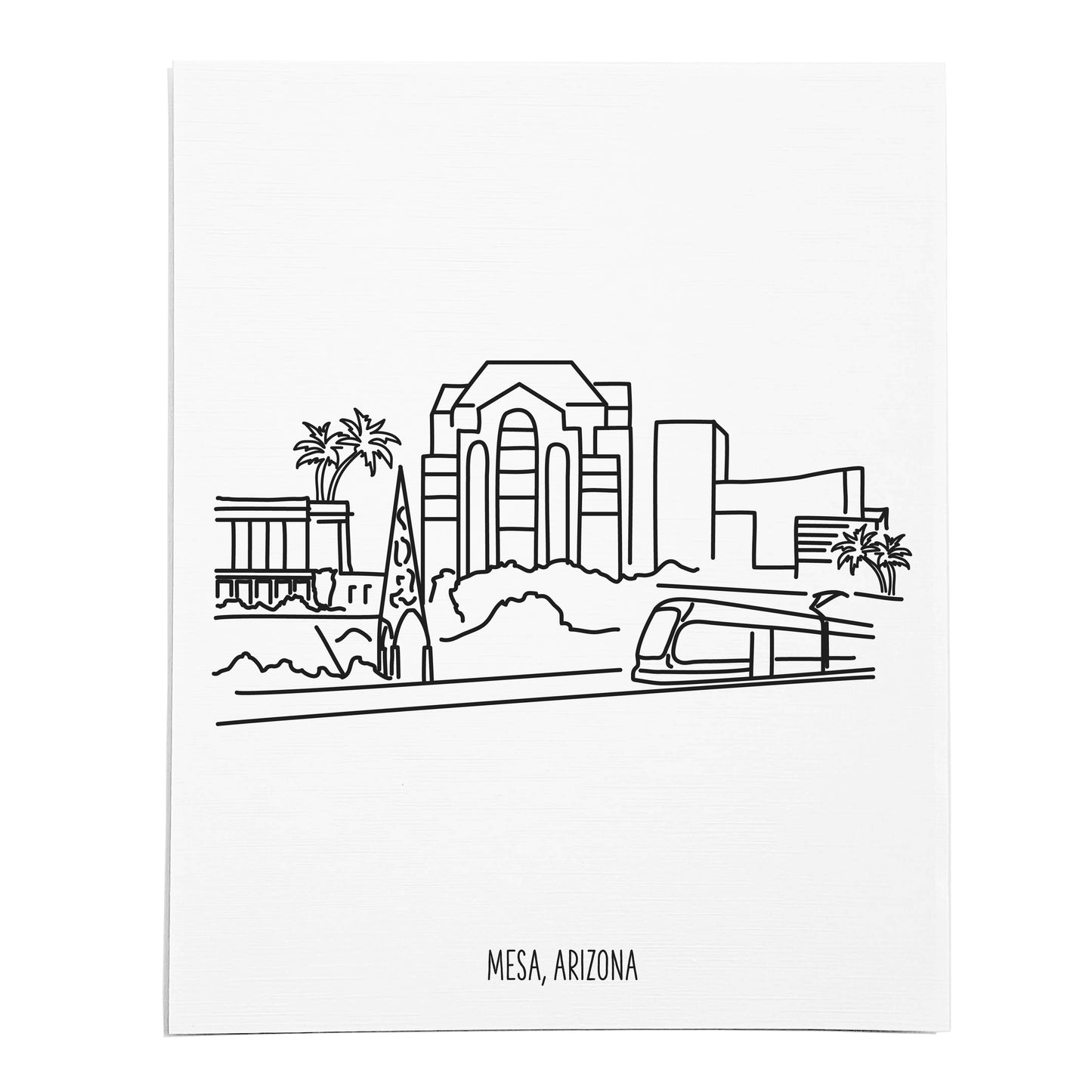 An art print featuring a line drawing of the Mesa Skyline on white linen paper