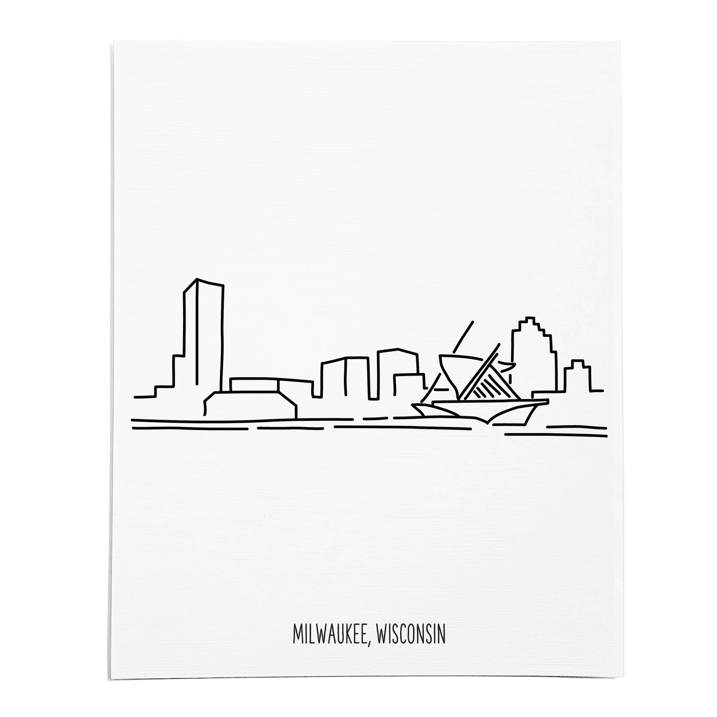 An art print featuring a line drawing of the Milwaukee Skyline on white linen paper