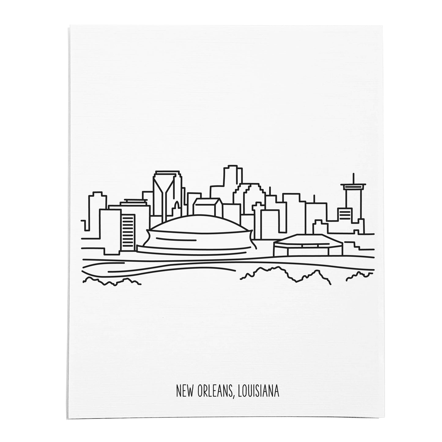 An art print featuring a line drawing of the New Orleans Skyline on white linen paper