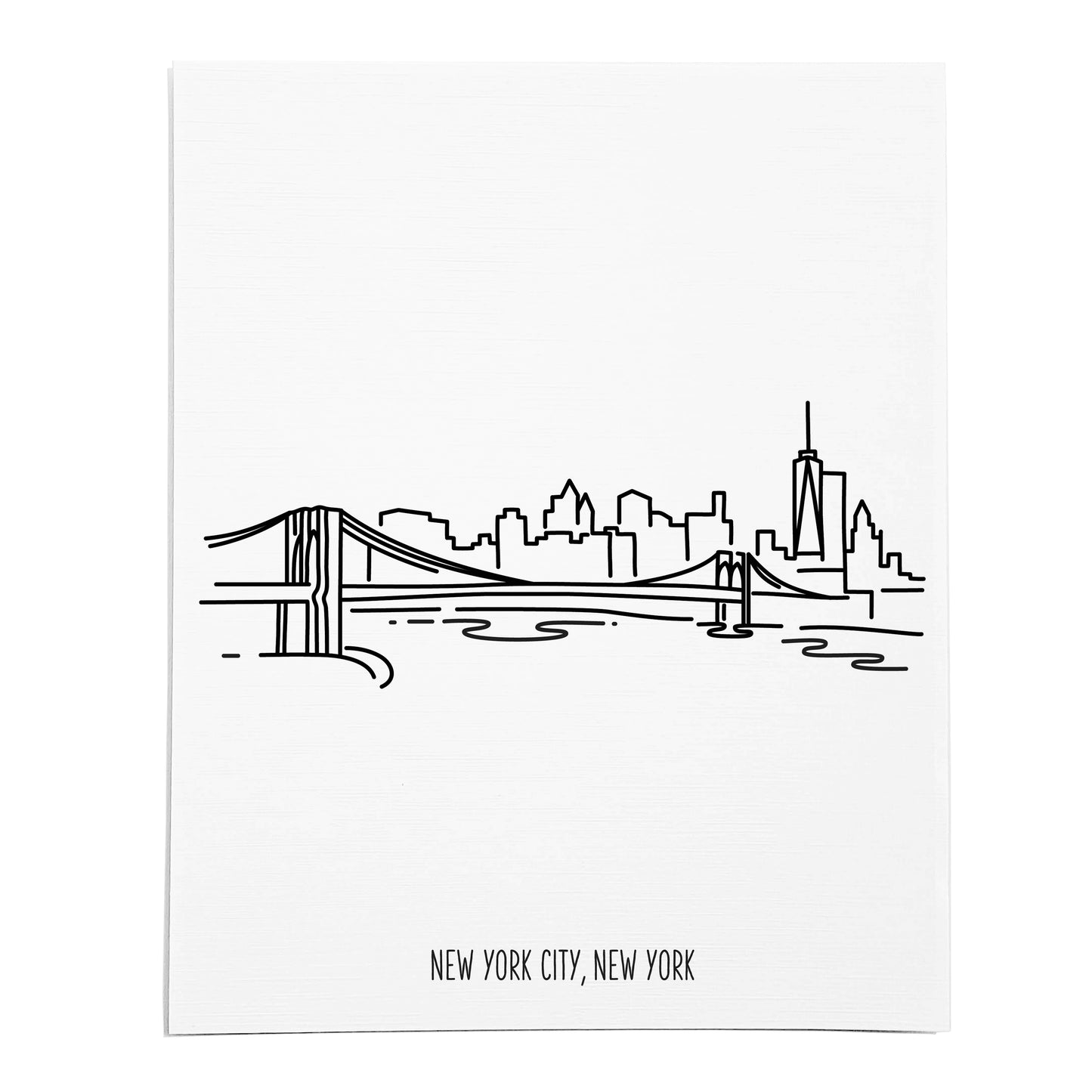 An art print featuring a line drawing of the New York City Skyline on white linen paper
