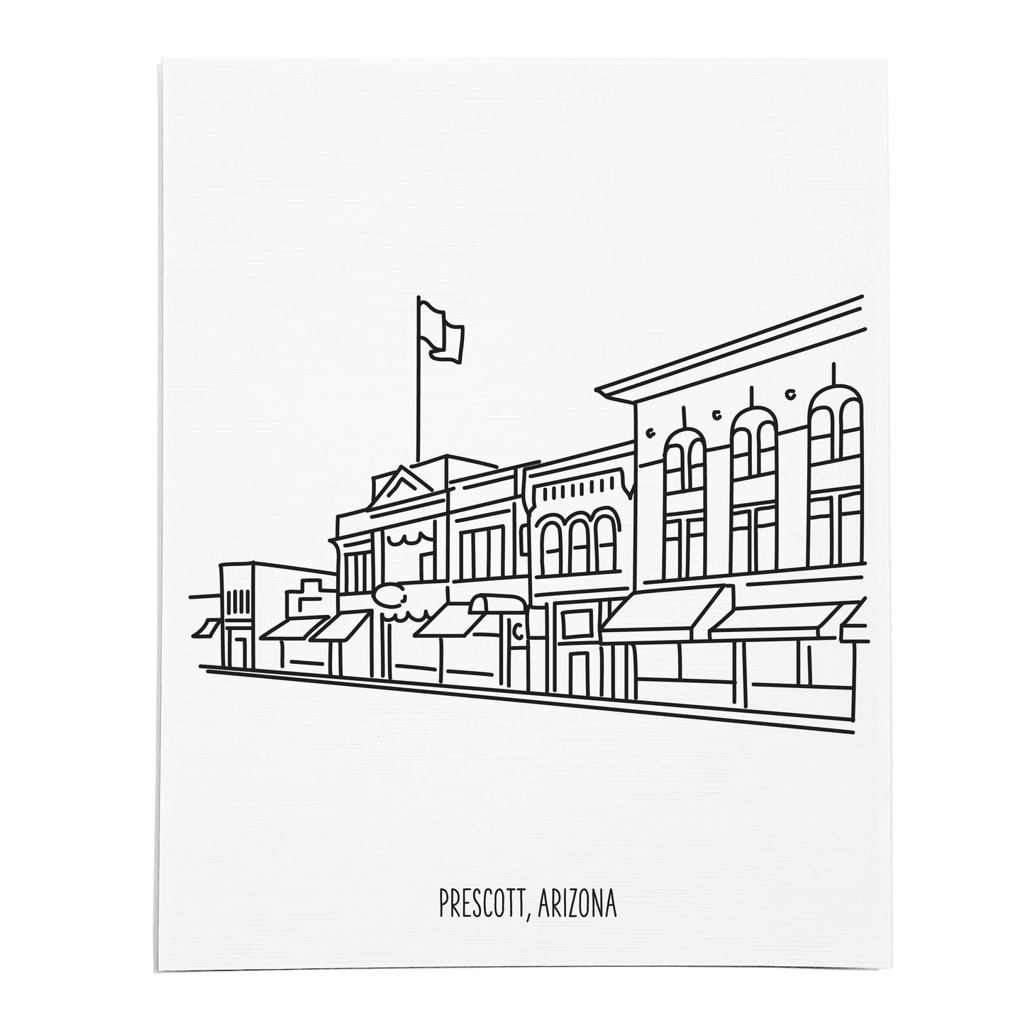 An art print featuring a line drawing of the Prescott Skyline on white linen paper