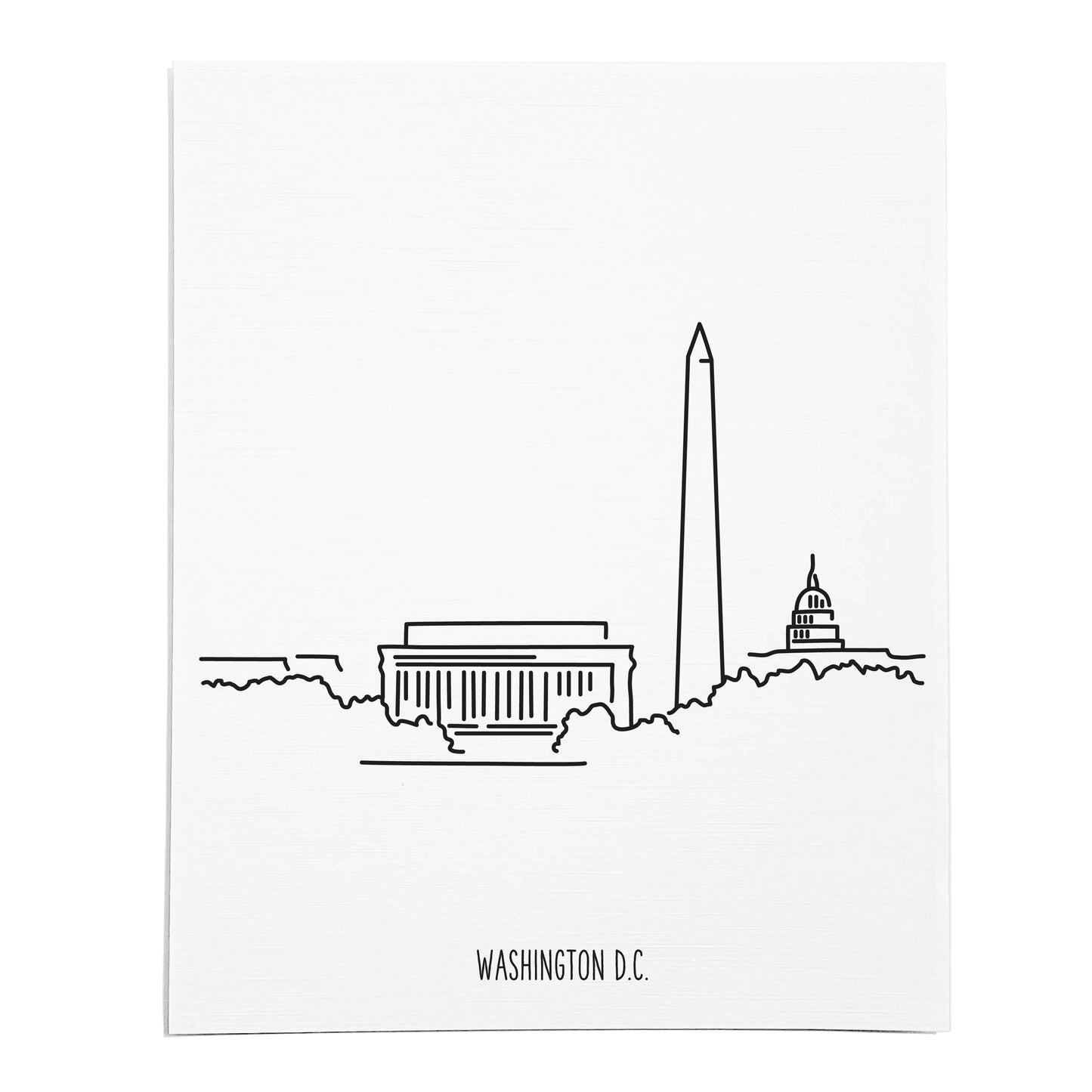 An art print featuring a line drawing of the Washington DC Skyline on white linen paper