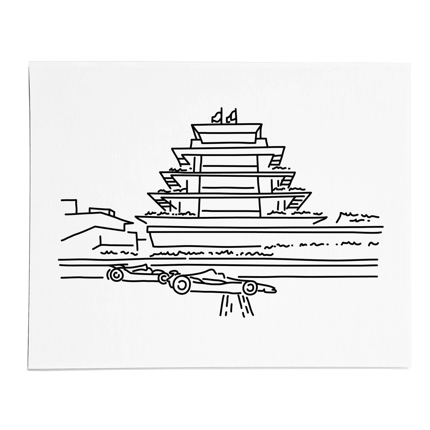 An art print featuring a line drawing of the Speedway Pagoda on white linen paper