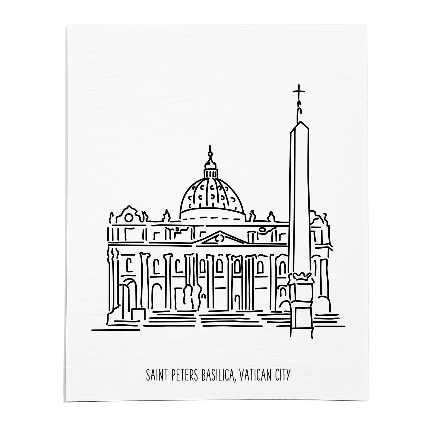 An art print featuring a line drawing of Saint Peters Basilica on white linen paper