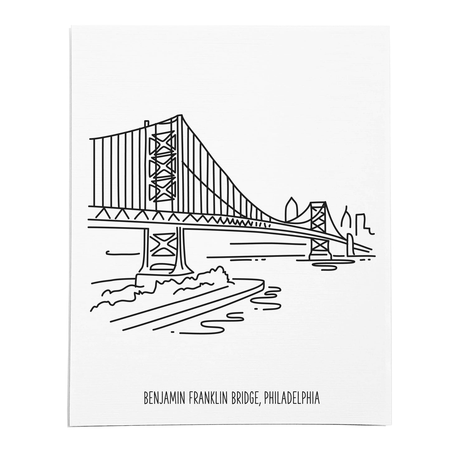An art print featuring a line drawing of the Ben Franklin Bridge on white linen paper