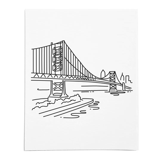 An art print featuring a line drawing of the Ben Franklin Bridge on white linen paper