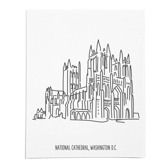 An art print featuring a line drawing of the National Cathedral on white linen paper