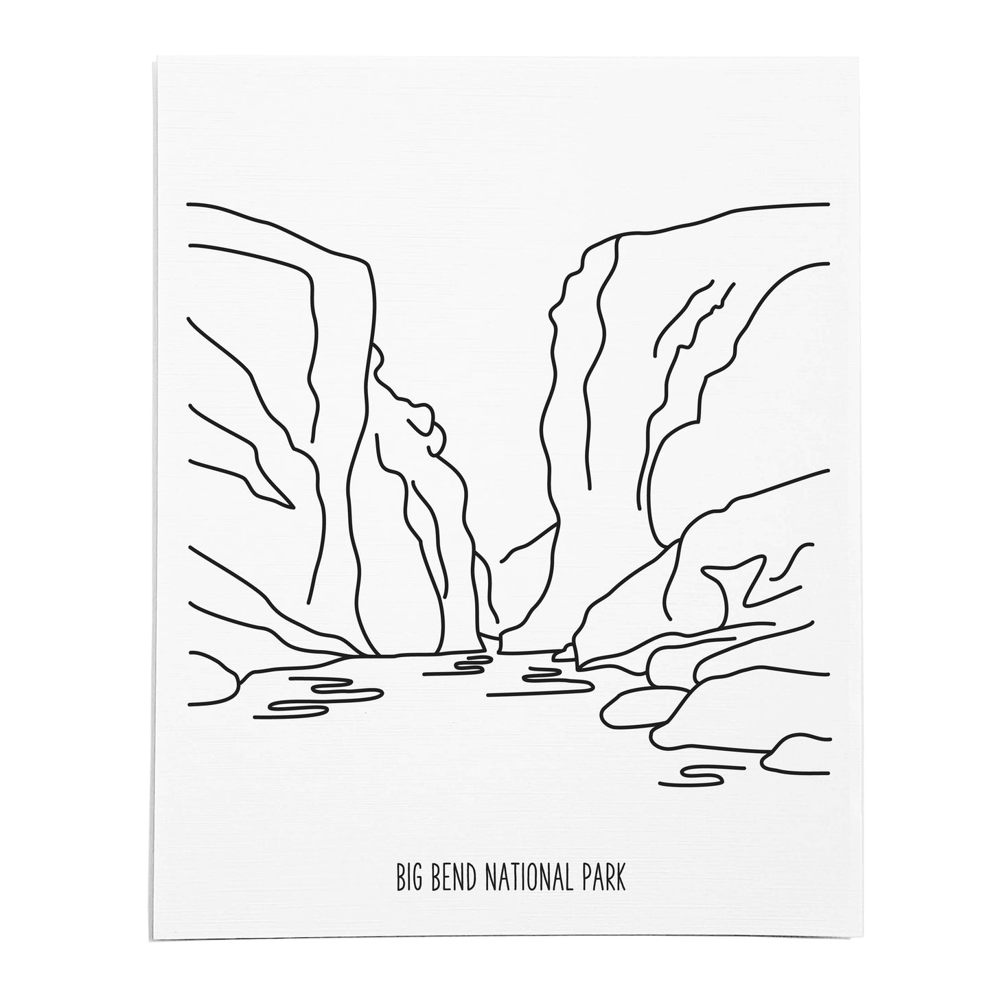 An art print featuring a line drawing of Big Bend National Park on white linen paper