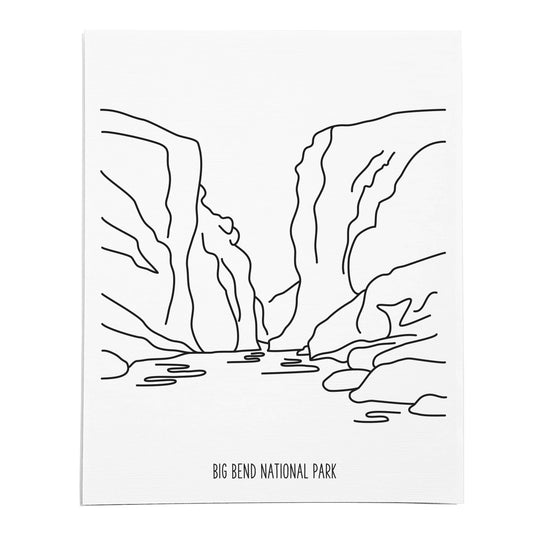 An art print featuring a line drawing of Big Bend National Park on white linen paper