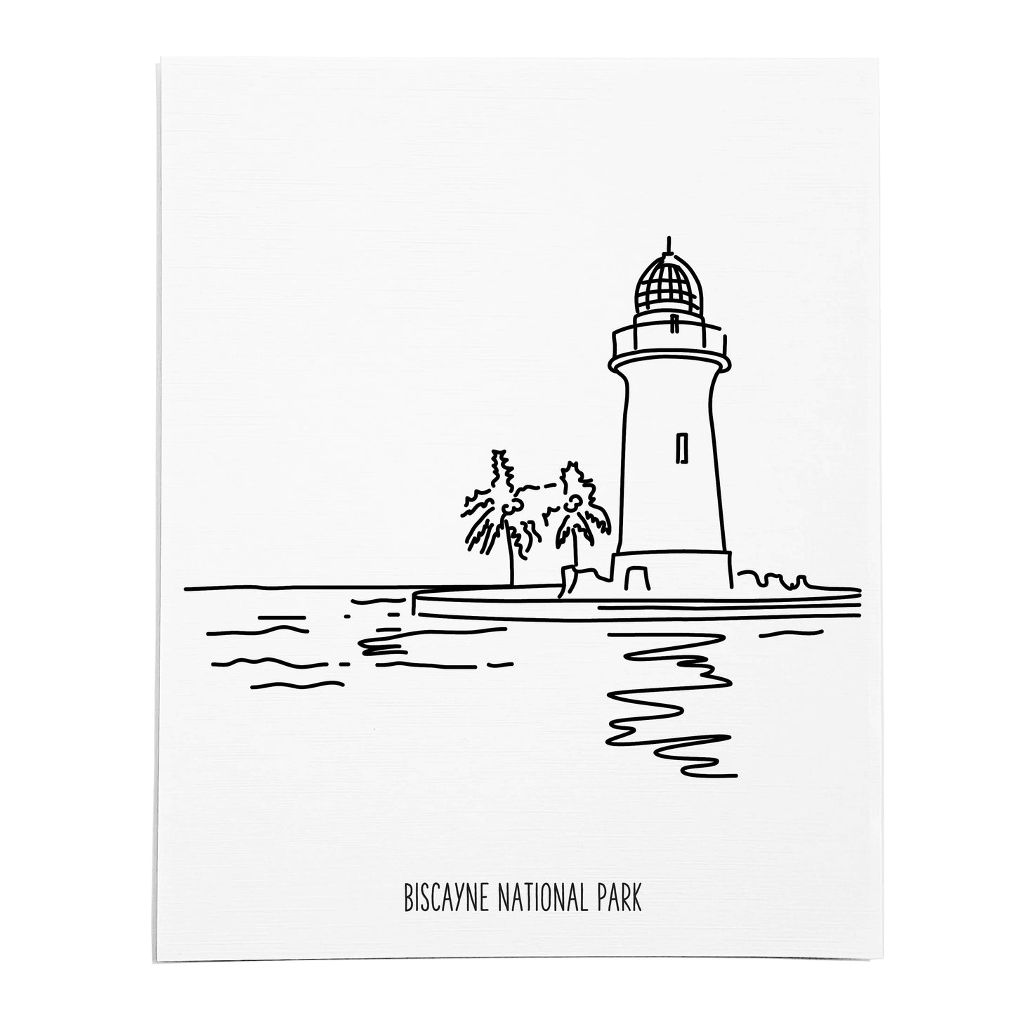 An art print featuring a line drawing of Biscayne National Park on white linen paper