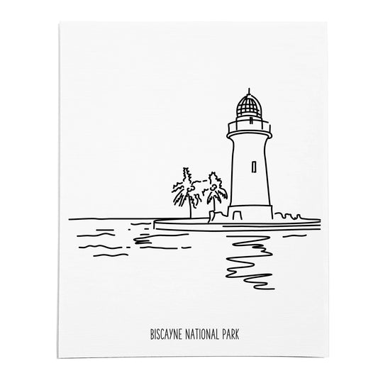 An art print featuring a line drawing of Biscayne National Park on white linen paper