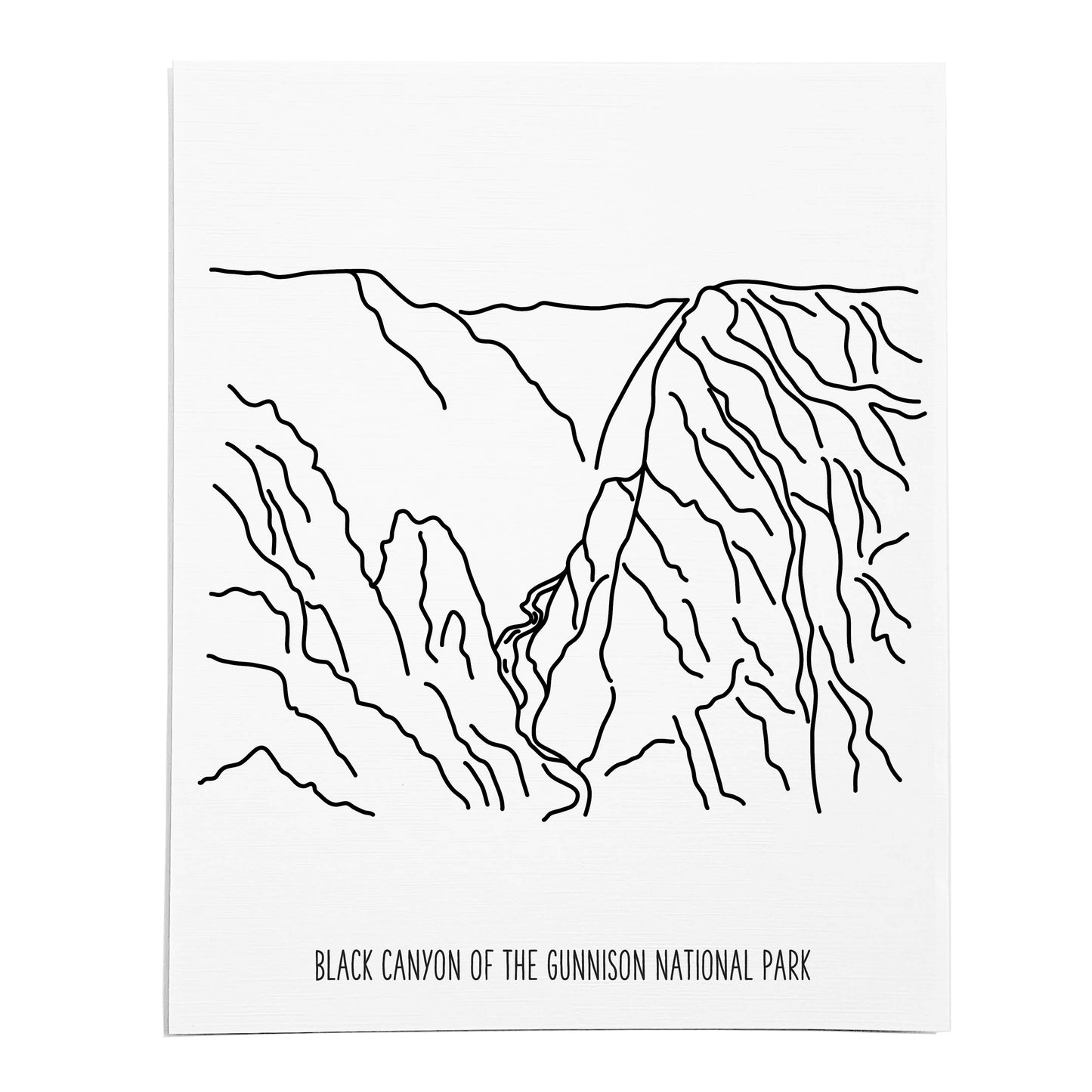 An art print featuring a line drawing of Black Canyon of the Gunnison National Park on white linen paper