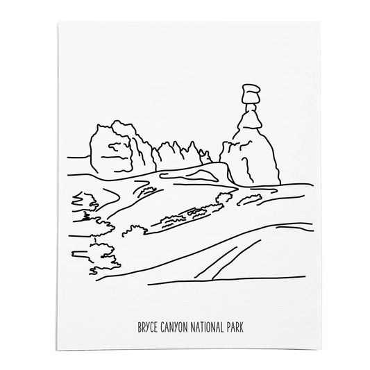 An art print featuring a line drawing of Bryce Canyon National Park on white linen paper