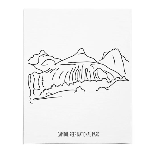 An art print featuring a line drawing of Capitol Reef National Park on white linen paper