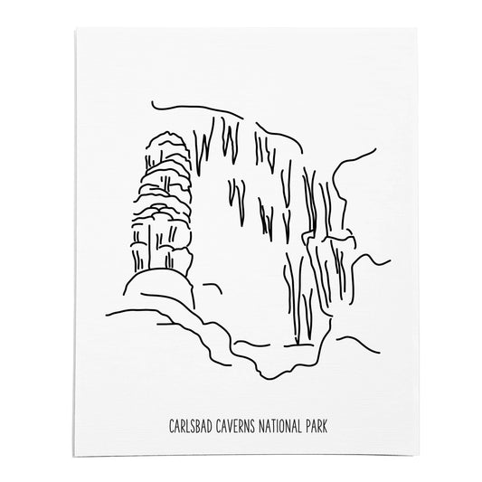 An art print featuring a line drawing of Carlsbad Caverns National Park on white linen paper