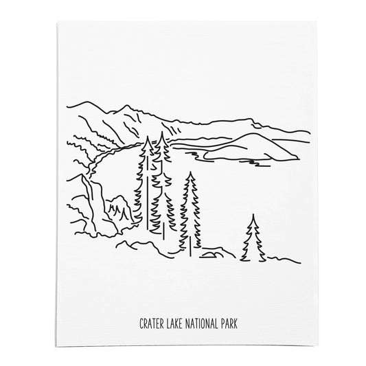 An art print featuring a line drawing of Crater Lake National Park on white linen paper