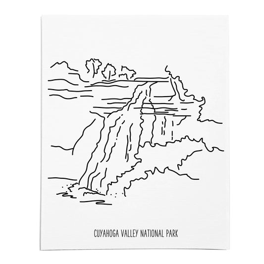 An art print featuring a line drawing of Cuyahoga National Park on white linen paper