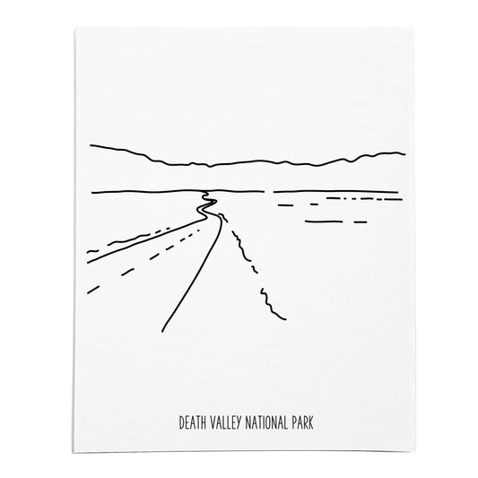 An art print featuring a line drawing of Death Valley National Park on white linen paper