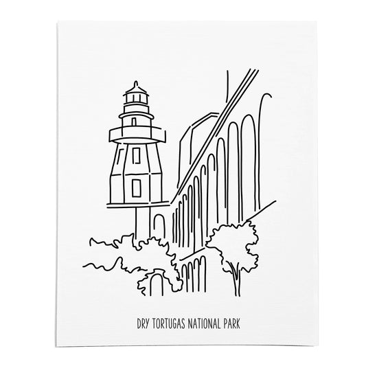 An art print featuring a line drawing of Dry Tortugas National Park on white linen paper