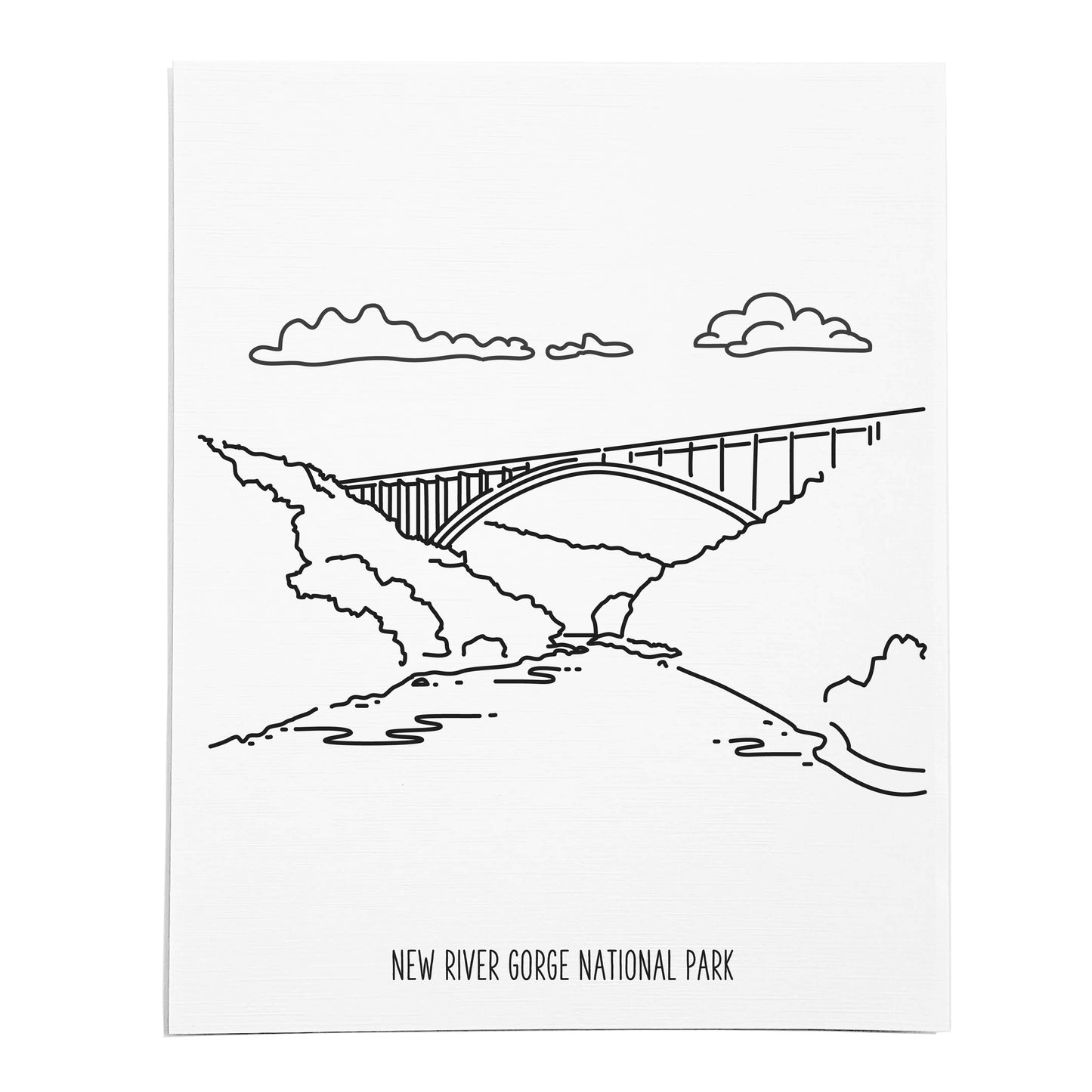 An art print featuring a line drawing of New River Gorge National Park on white linen paper