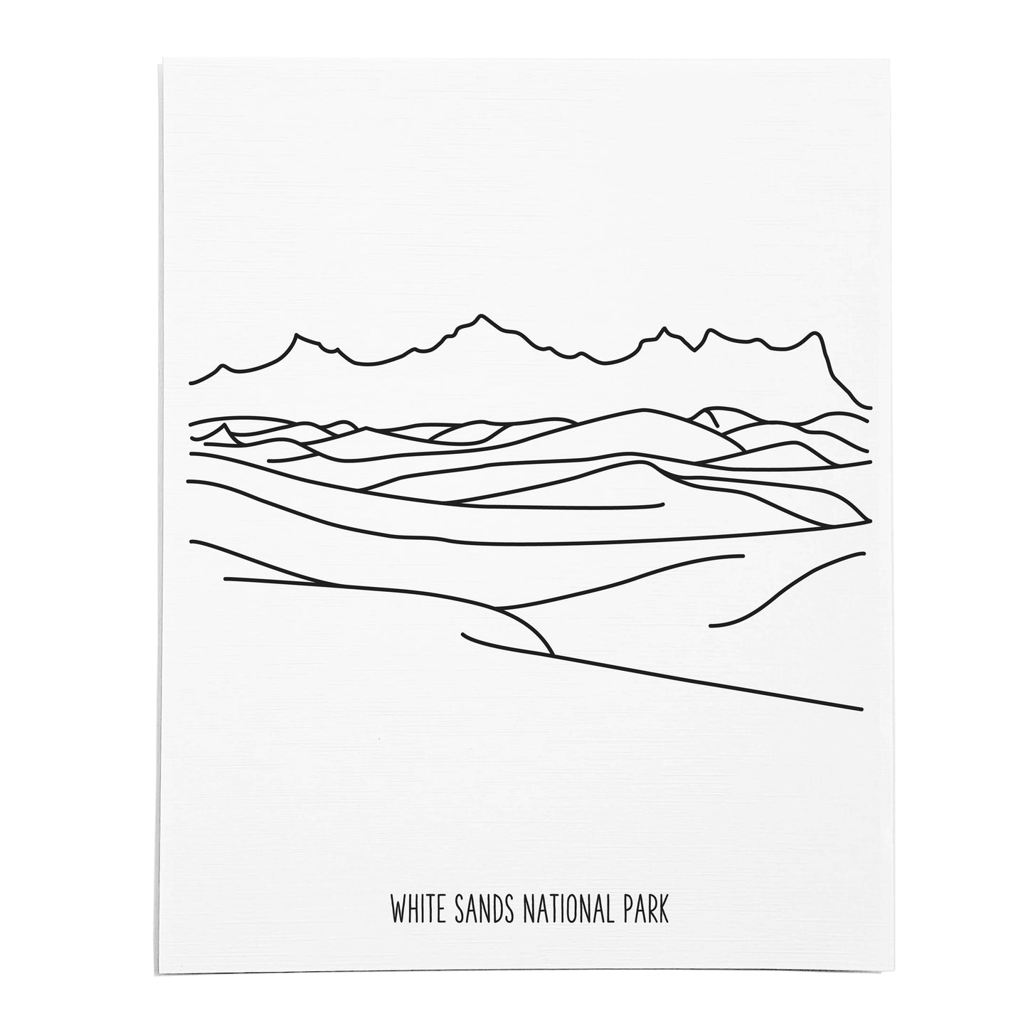An art print featuring a line drawing of White Sands National Park on white linen paper