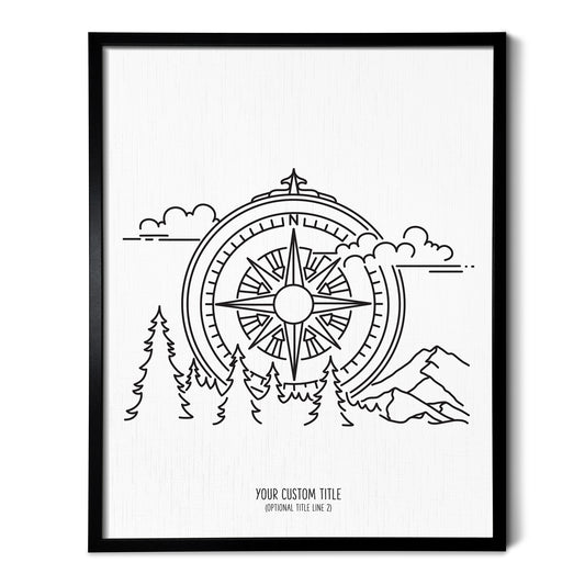 A line art drawing of the Adventure Compass Drawing on white linen paper in a thin black picture frame