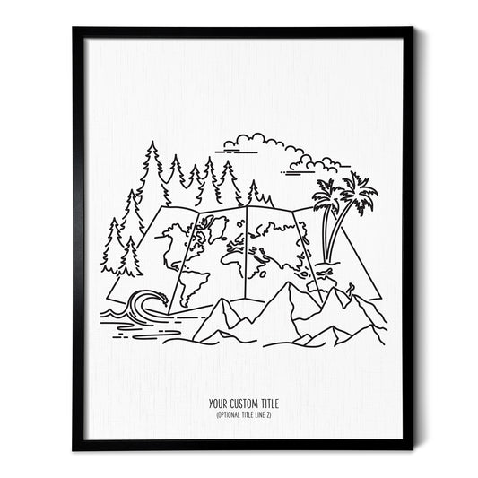 A line art drawing of the Adventure Map Drawing on white linen paper in a thin black picture frame
