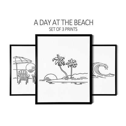 Custom line art drawings of Adirondack Beach Chairs, an Island, and Waves on white linen paper in thin black picture frames