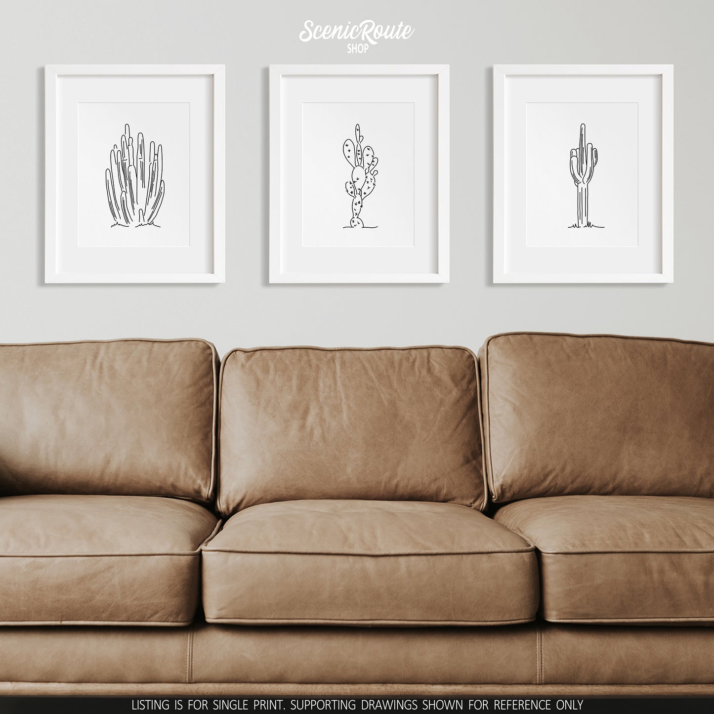 A group of three framed drawings on a wall above a couch. The line art drawings include an Organ Pipe Cactus, Prickly Pear Cactus, and Saguaro Cactus