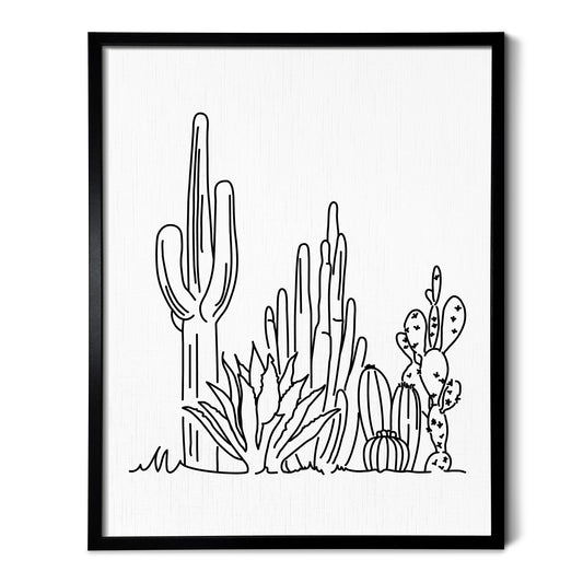 A line art drawing of a Cactus Garden on white linen paper in a thin black picture frame