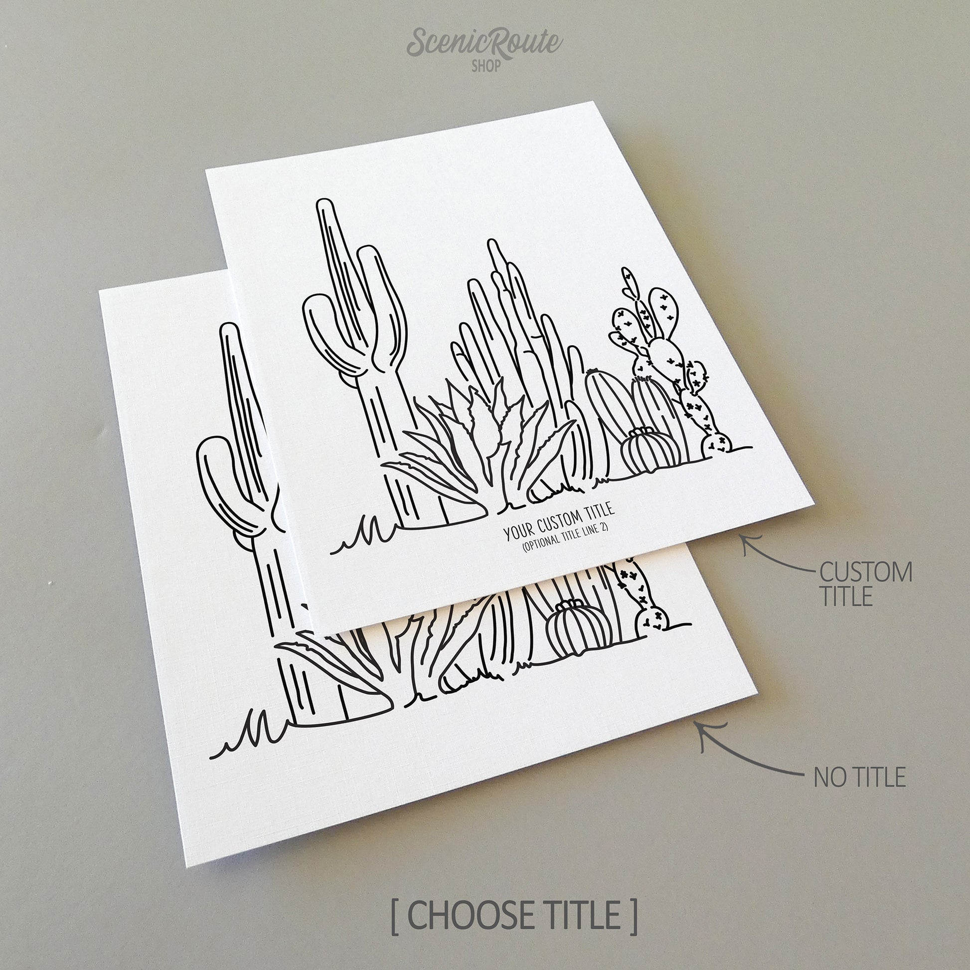 Two line art drawings of a Cactus garden with Saguaro, Agave, Organ Pipe, Torch, and Prickly Pear Cactus on white linen paper with a gray background.  The pieces are shown with “No Title” and “Custom Title” options for the available art print options.